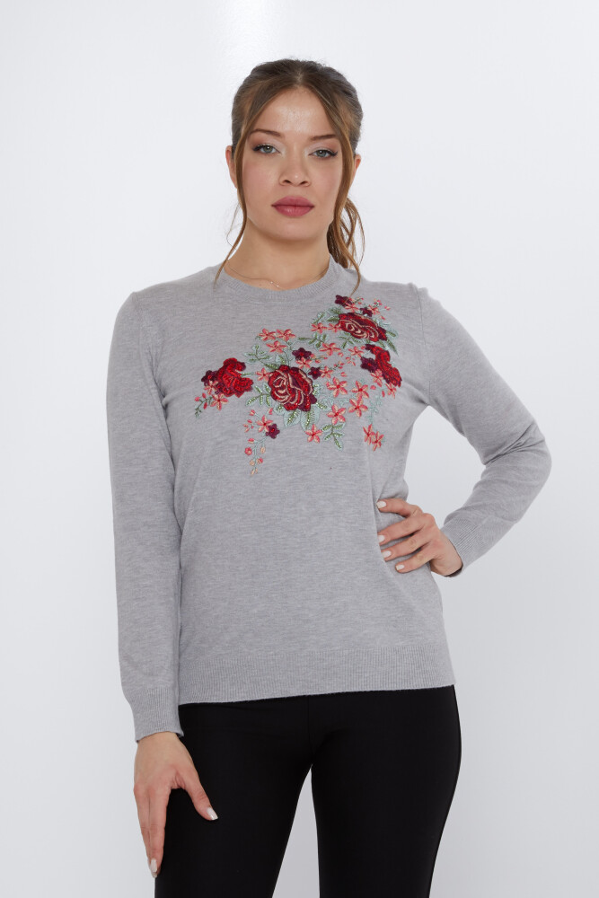 Strickpullover mit Rosenstickerei in Grau - 31377 | KAZEE (3er-Set L-XL-2XL) - 1