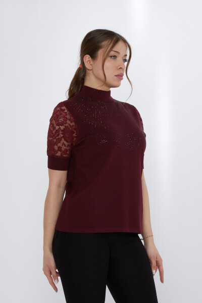 Strickpullover mit Spitzenärmeln und Steinstickerei, Weinrot – 30959 | KAZEE (4er-Set M-L-XL-2XL) - 2