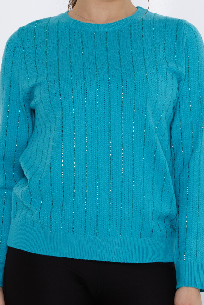 Strickpullover mit Streifen und Steinstickerei, Türkis – 31110 | KAZEE (3er-Set M-L-XL) - 3