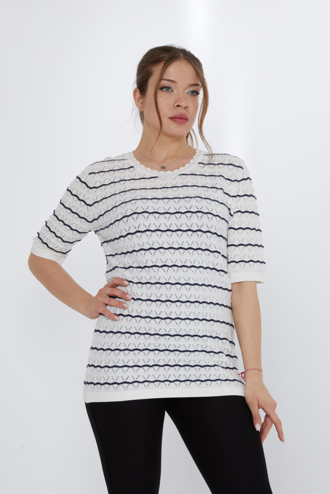 Strickpullover mit Streifendetail Ecru-Marineblau – 31778 | KAZEE (3er-Set M-L-XL) - 1