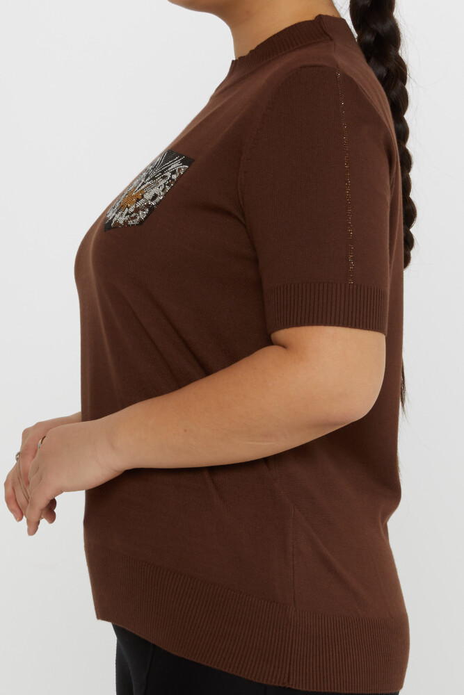Strickpullover mit Schmetterlingsstein-Stickerei, kurze Ärmel, Kaffee – 31552 | KAZEE (3er-Set M-L-XL) - 3