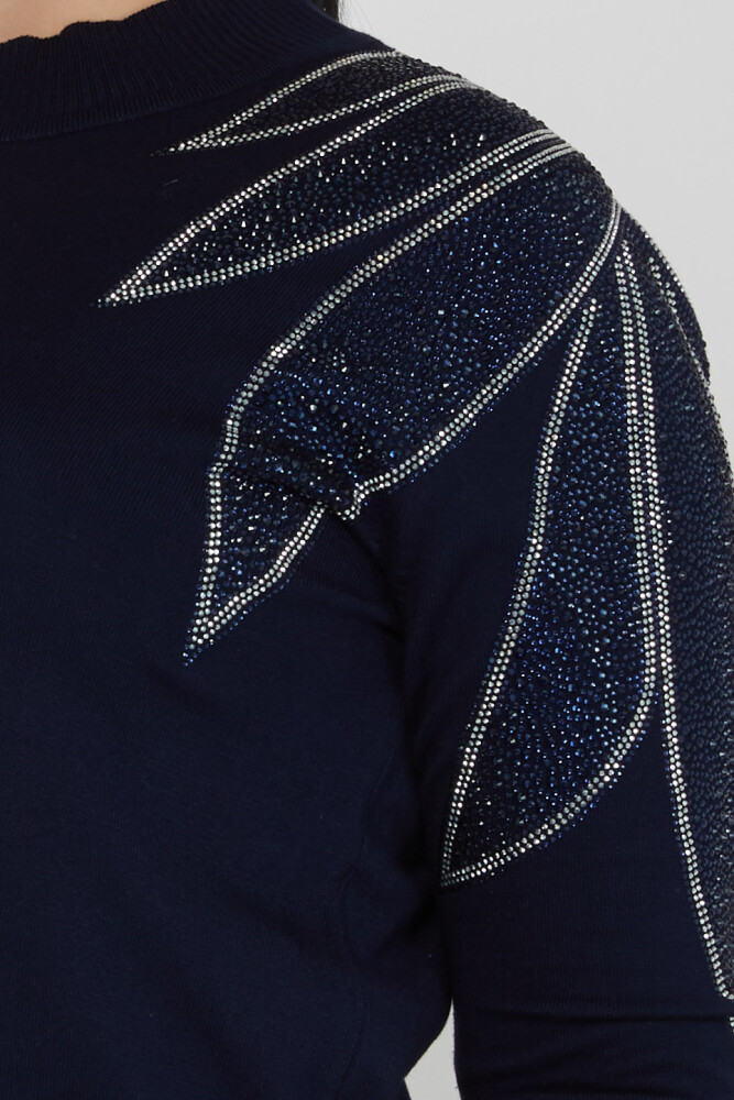 Strickpullover mit steinbestickten Schultern und Stehkragen, Marineblau – 31601 | KAZEE (3er-Set M-L-XL) - 4
