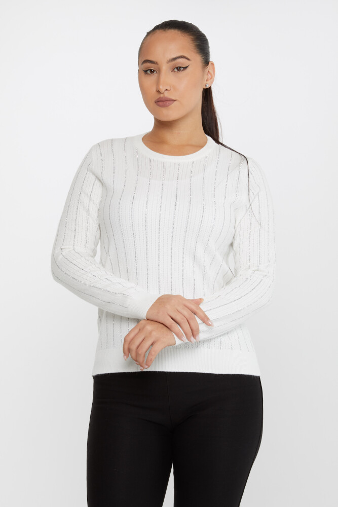 Strickpullover mit Streifen und Steinstickerei, langärmelig, Ecru – 31110 | KAZEE (3er-Set M-L-XL) - 2