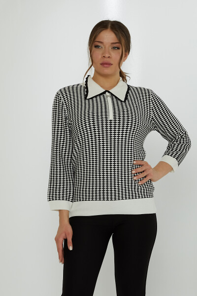 Strickpullover mit Schürzenkragen, Hahnentrittmuster, gestreift, Ecru-Schwarz – 31570 | KAZEE (3er-Set XL-2XL-3XL) - KAZEE 