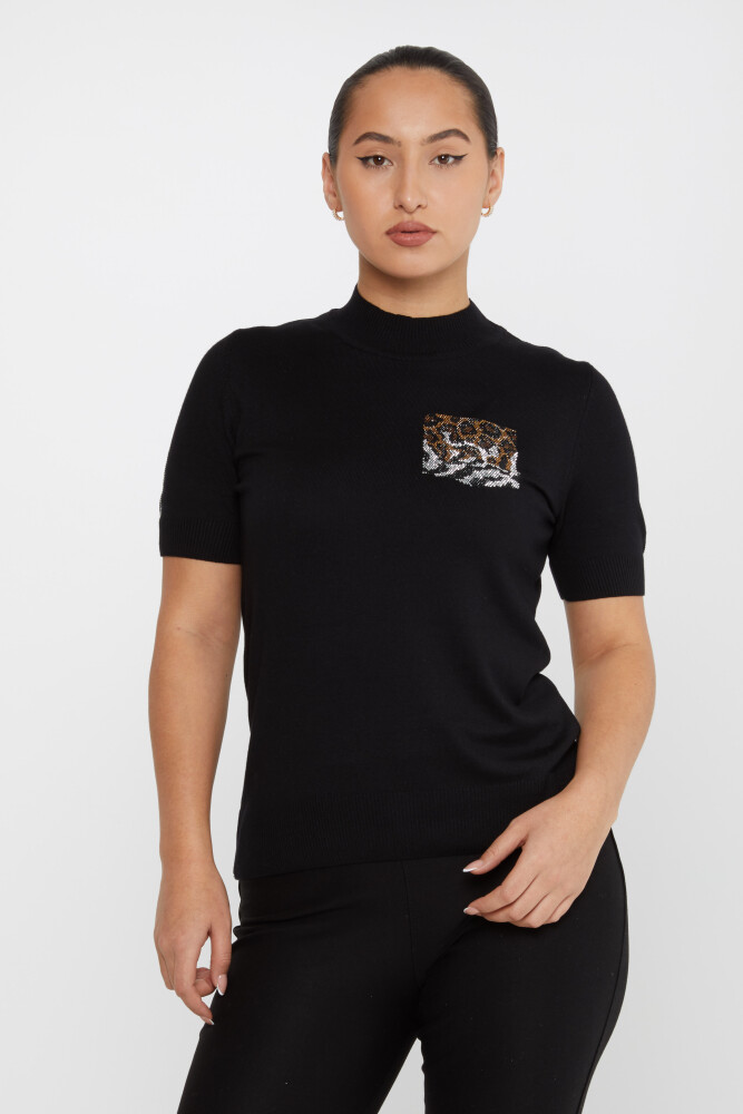 Suéter de punto con bordado de leopardo y piedra en color negro - 31623 | KAZEE (Juego de 4 tallas M-L-XL-2XL) - 1