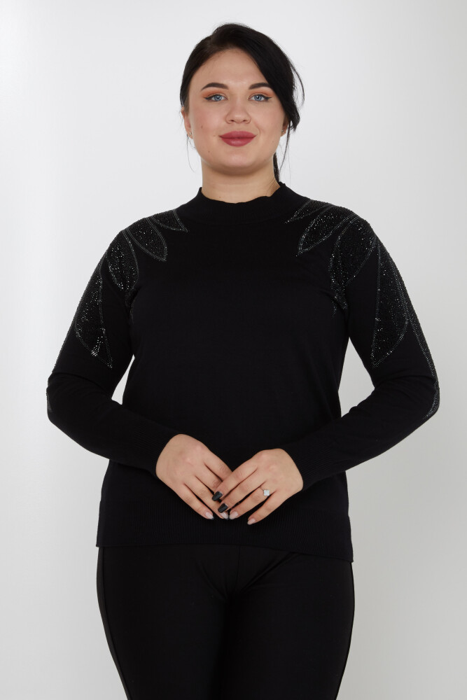 Suéter de punto con bordado de piedras en los hombros Negro - 31601 | KAZEE (Juego de 3 tallas M-L-XL) - 1