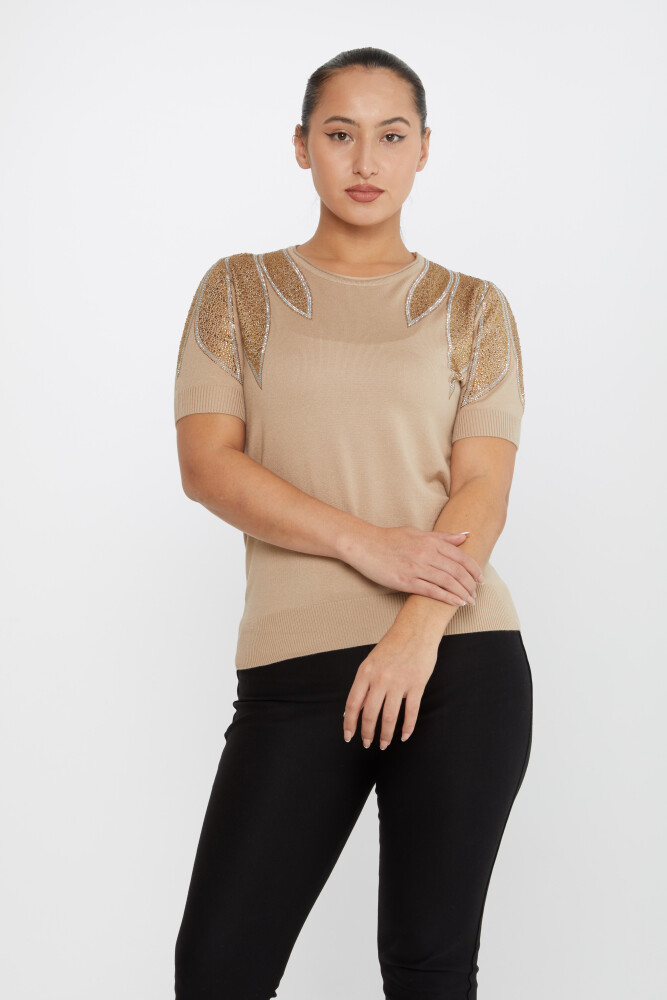 Suéter de punto con hombros descubiertos y bordado de piedras en visón - 30792 | KAZEE (Juego de 4 tallas M-L-XL-2XL) - 1