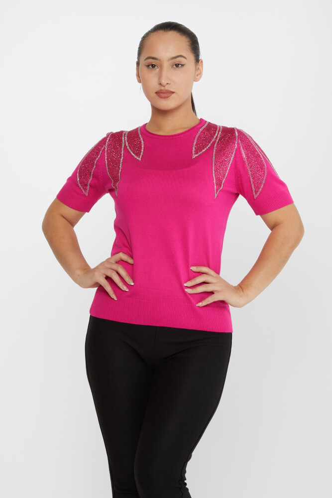 Suéter de punto con hombros descubiertos y bordado de piedras fucsia - 30792 | KAZEE (Juego de 4 tallas M-L-XL-2XL) - 1