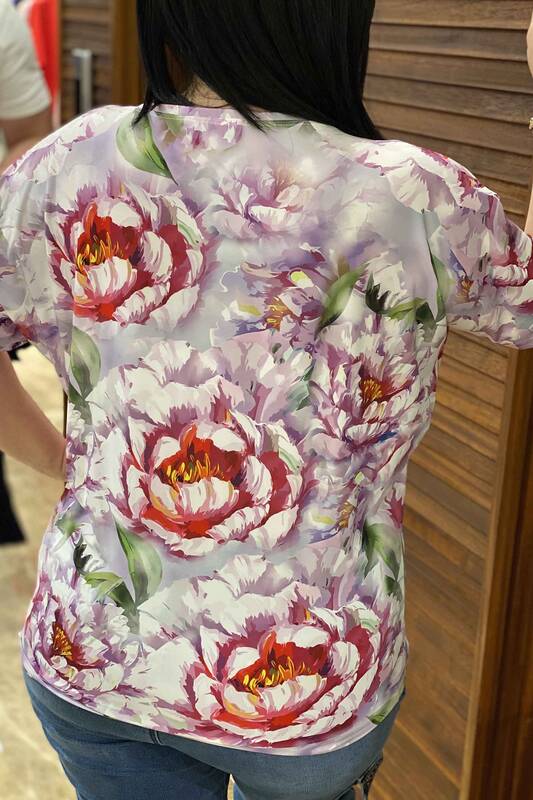 Summer Digital Printed Yediveren Rose Crystal Stone Embroidered Combed Cotton 7450