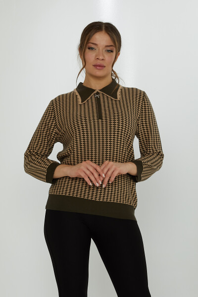 سترة محبوكة بياقة مريلة من اللون الكاكي-المنك - 31570 | كازي (مجموعة من 3 مقاسات XL-2XL-3XL) - Kazee