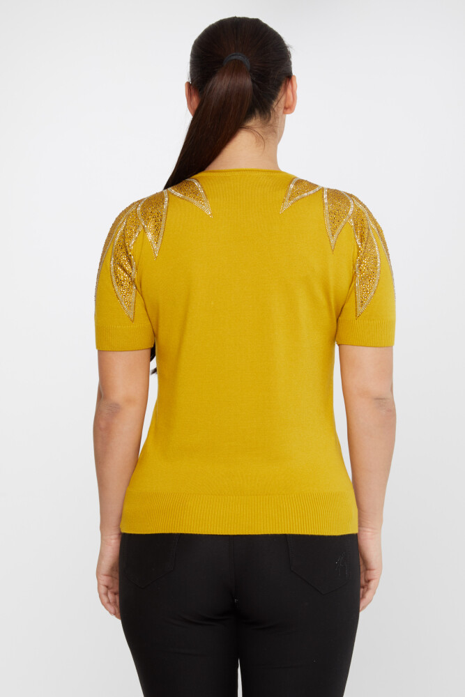 سترة محبوكة بكتف مطرزة بحجر باللون الزعفراني - 30792 | كازي (مجموعة من 4 مقاسات M-L-XL-2XL) - 5