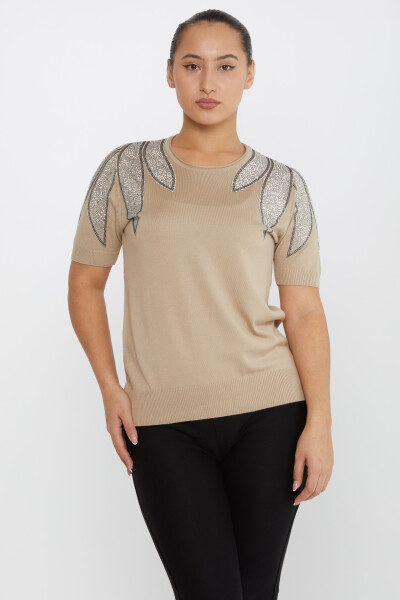 سترة محبوكة بكتف واحد مطرزة بأحجار باللون البيج - 30792 | كازي (مجموعة من 4 مقاسات M-L-XL-2XL) - 2