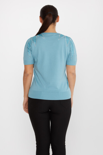 سترة محبوكة بكتف حجري مطرزة باللون الأزرق - 30792 | كازي (مجموعة من 4 مقاسات M-L-XL-2XL) - 5