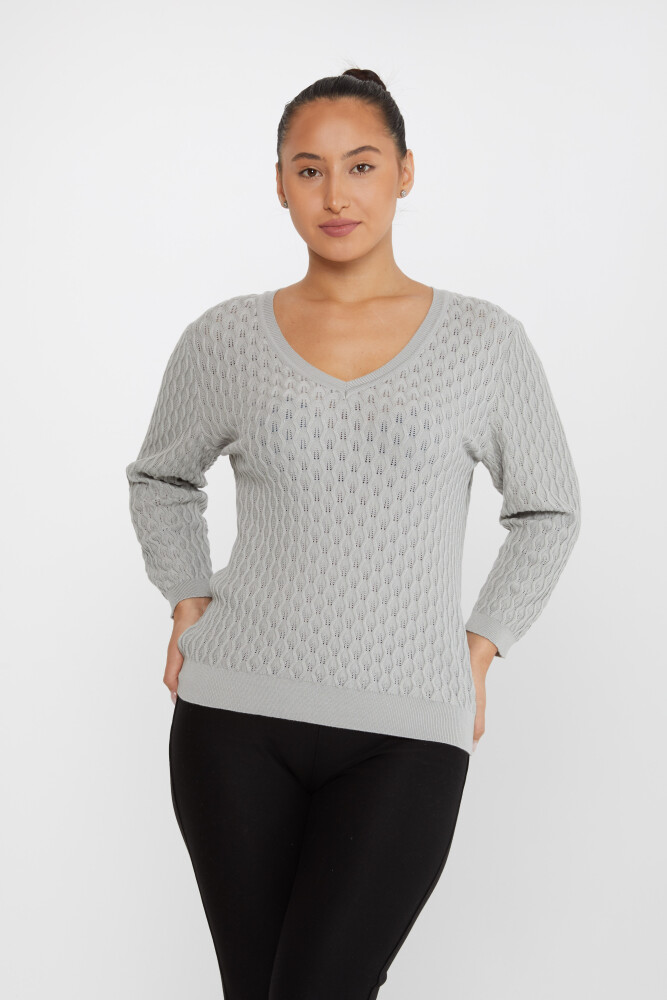 سترة محبوكة بنقشة ذاتية باللون الرمادي - 31247 | كازي (مجموعة من 3 مقاسات M-L-XL) - 2