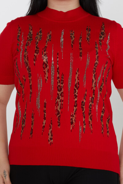 سترة محبوكة بنقشة جلد النمر مطرزة باللون الأحمر - 31565 | كازي (مجموعة من 3 مقاسات M-L-XL) - 2