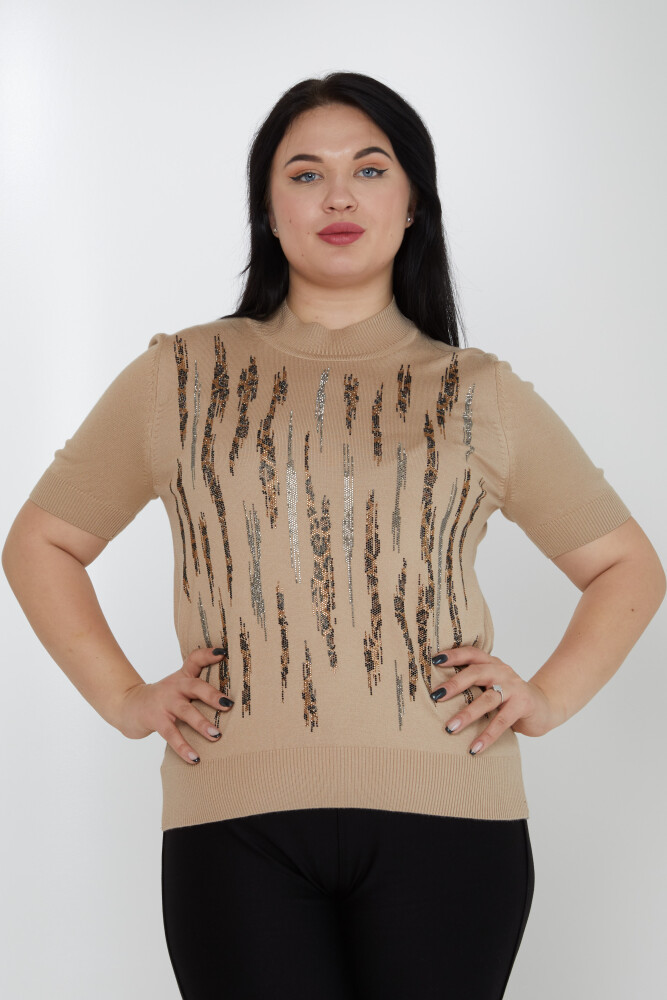 سترة محبوكة بنقشة جلد النمر مطرزة باللون البيج - 31565 | كازي (مجموعة من 3 مقاسات M-L-XL) - 1