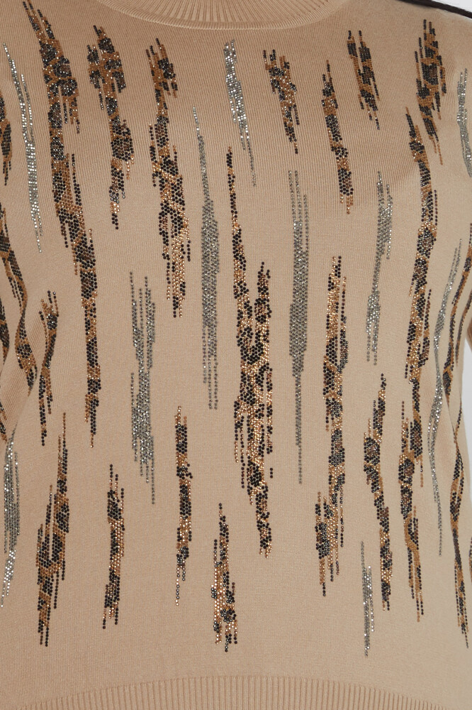 سترة محبوكة بنقشة جلد النمر مطرزة باللون البيج - 31565 | كازي (مجموعة من 3 مقاسات M-L-XL) - 4