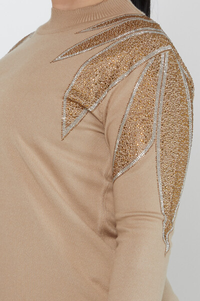 سترة محبوكة من فرو المنك مع أكتاف مطرزة بالحجر - 31601 | كازي (مجموعة من 3 مقاسات M-L-XL) - 4