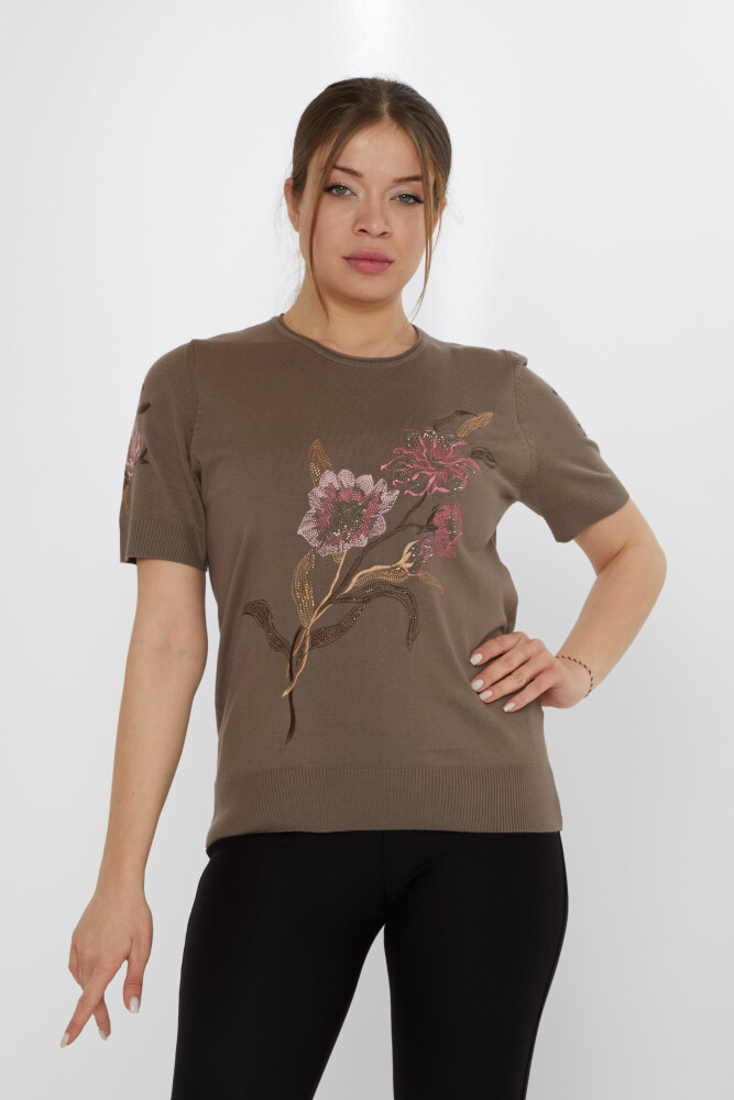 سترة محبوكة من قماش المنك مطرزة بالورود - 31725 | كازي (مجموعة من 3 مقاسات L-XL-2XL) - 1