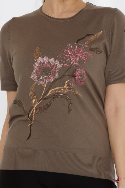 سترة محبوكة من قماش المنك مطرزة بالورود - 31725 | كازي (مجموعة من 3 مقاسات L-XL-2XL) - 3