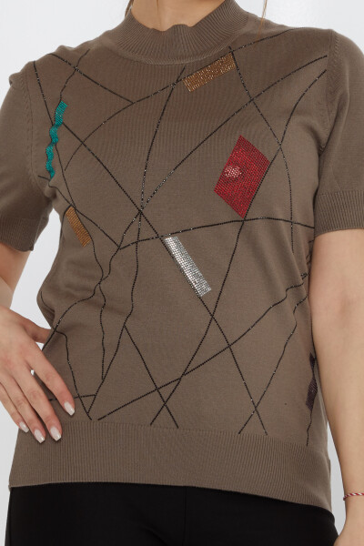 سترة محبوكة مطرزة بأحجار ملونة من المنك - 30078 | كازي (مجموعة من 4 مقاسات L-XL-2XL-3XL) - 3