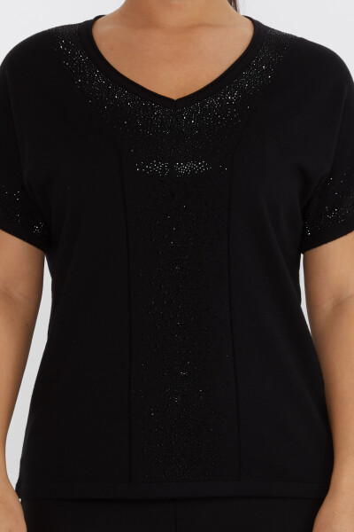 سترة محبوكة مطرزة بالأحجار باللون الأسود - 30761 | كازي (مجموعة من 4 مقاسات L-XL-2XL-3XL) - 3