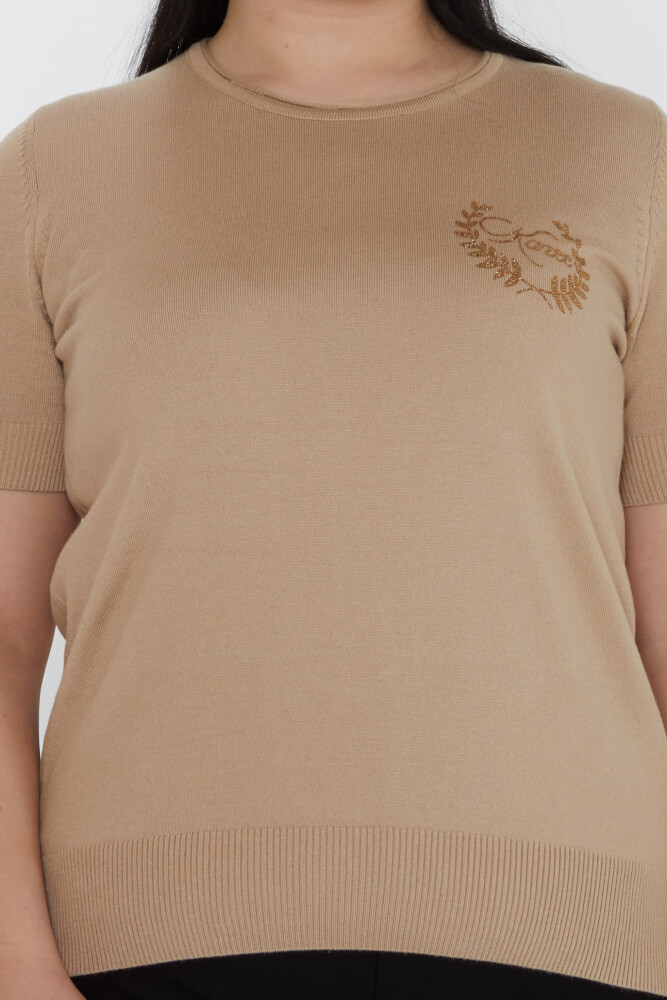 سترة محبوكة مطرزة بالأحجار باللون البيج - 31773 | كازي (مجموعة من 3 مقاسات XL-2XL-3XL) - 2