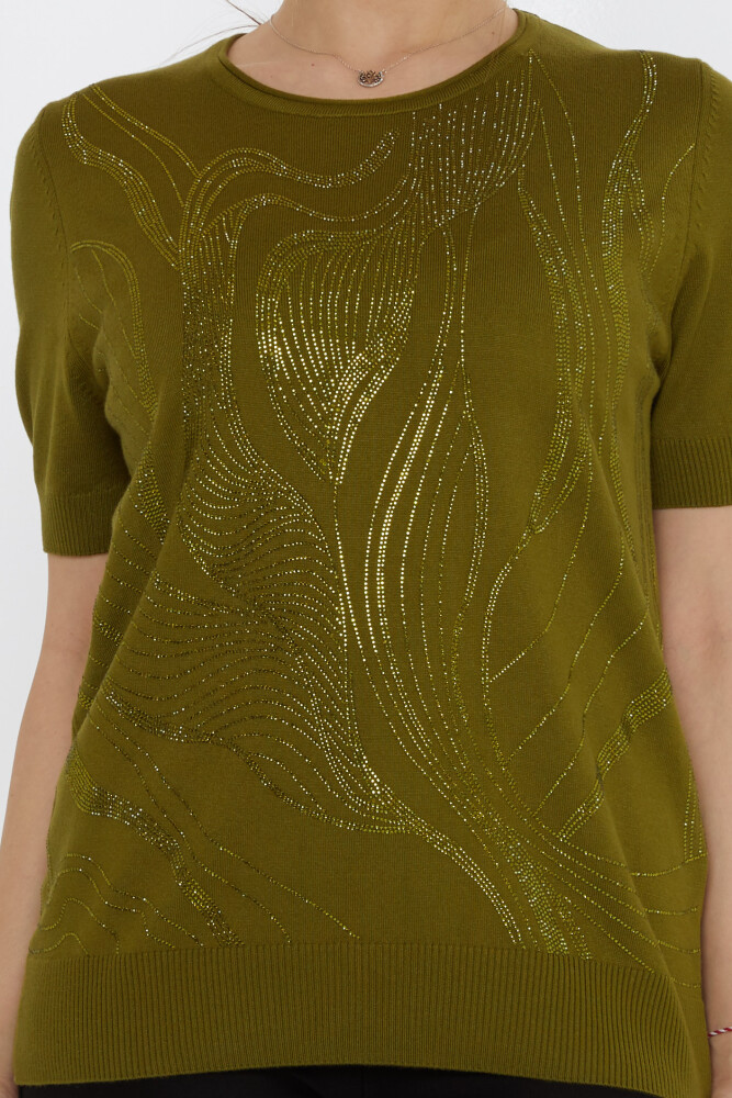 سترة محبوكة مطرزة بالحجر باللون الأخضر الداكن - 30315 | كازي (مجموعة من 3 مقاسات L-XL-2XL) - 3