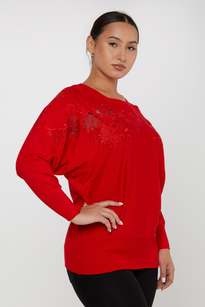 سترة محبوكة مطرزة باللون الأحمر - 30925 | كازي (مجموعة من 4 مقاسات M-L-XL-2XL) - 2