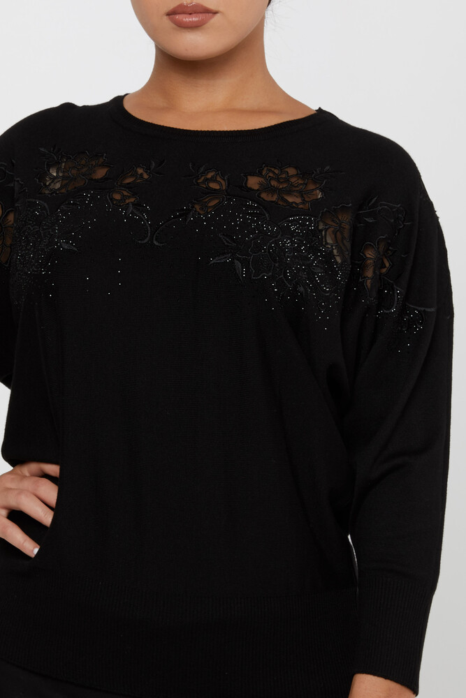 سترة محبوكة مطرزة باللون الأسود - 30925 | كازي (مجموعة من 4 مقاسات M-L-XL-2XL) - 3