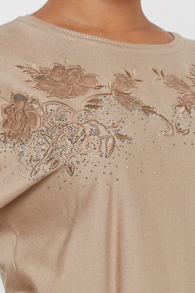 سترة محبوكة مطرزة باللون البيج - 30925 | كازي (مجموعة من 4 مقاسات M-L-XL-2XL) - 4