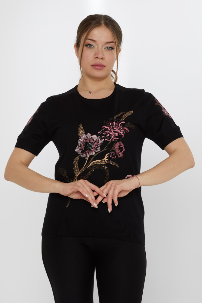 سترة محبوكة مطرزة بالورود باللون الأسود - 31725 | كازي (مجموعة من 3 مقاسات L-XL-2XL) - 1