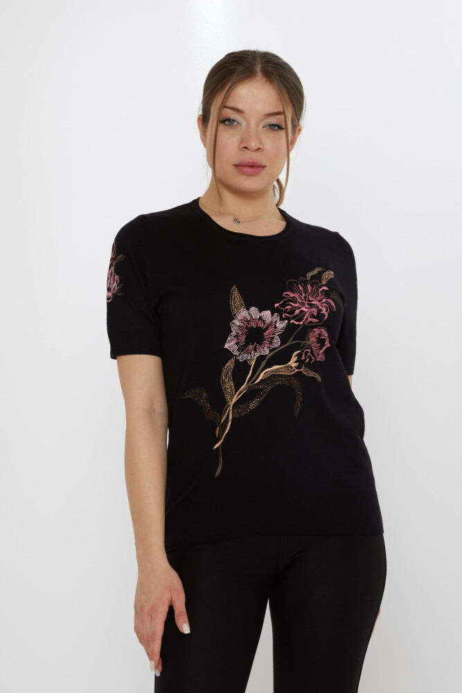 سترة محبوكة مطرزة بالورود باللون الأسود - 31725 | كازي (مجموعة من 3 مقاسات L-XL-2XL) - 2