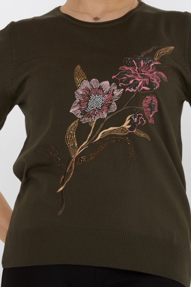 سترة محبوكة مطرزة بالزهور باللون الأخضر - 31725 | كازي (مجموعة من 3 مقاسات L-XL-2XL) - 3