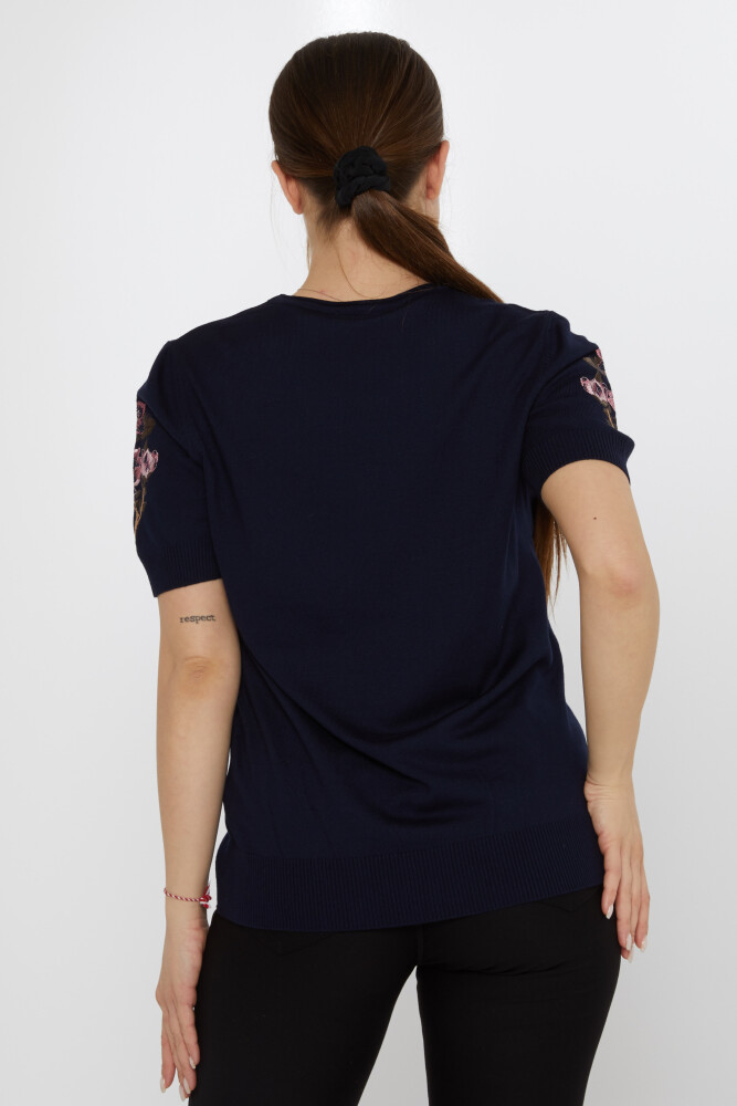 سترة محبوكة مطرزة بالزهور باللون الأزرق الداكن - 31725 | كازي (مجموعة من 3 مقاسات L-XL-2XL) - 5