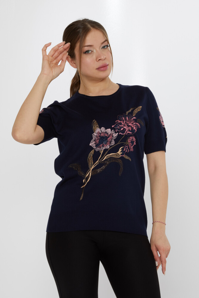 سترة محبوكة مطرزة بالزهور باللون الأزرق الداكن - 31725 | كازي (مجموعة من 3 مقاسات L-XL-2XL) - 2