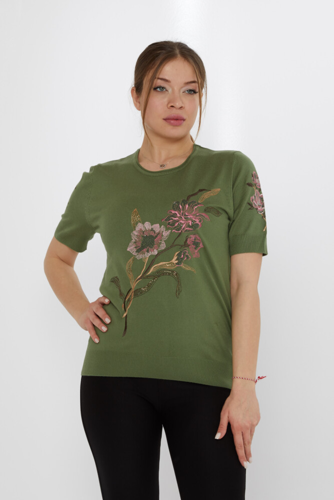 سترة محبوكة مطرزة بالزهور باللون الكاكي - 31725 | كازي (مجموعة من 3 مقاسات L-XL-2XL) - 2