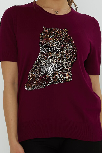 سترة محبوكة مطرزة بحجر النمر باللون الأرجواني - 31825 | كازي (مجموعة من 3 مقاسات L-XL-2XL) - 3