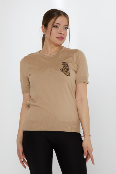 سترة محبوكة مطرزة بحجر النمر باللون البيج - 31596 | كازي (مجموعة من 3 مقاسات M-L-XL) - 2