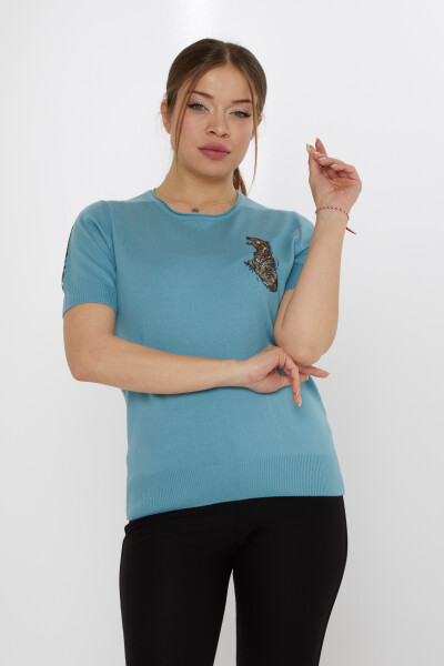 سترة محبوكة مطرزة بحجر النمر باللون النعناعي - 31596 | كازي (مجموعة من 3 مقاسات M-L-XL) - 1