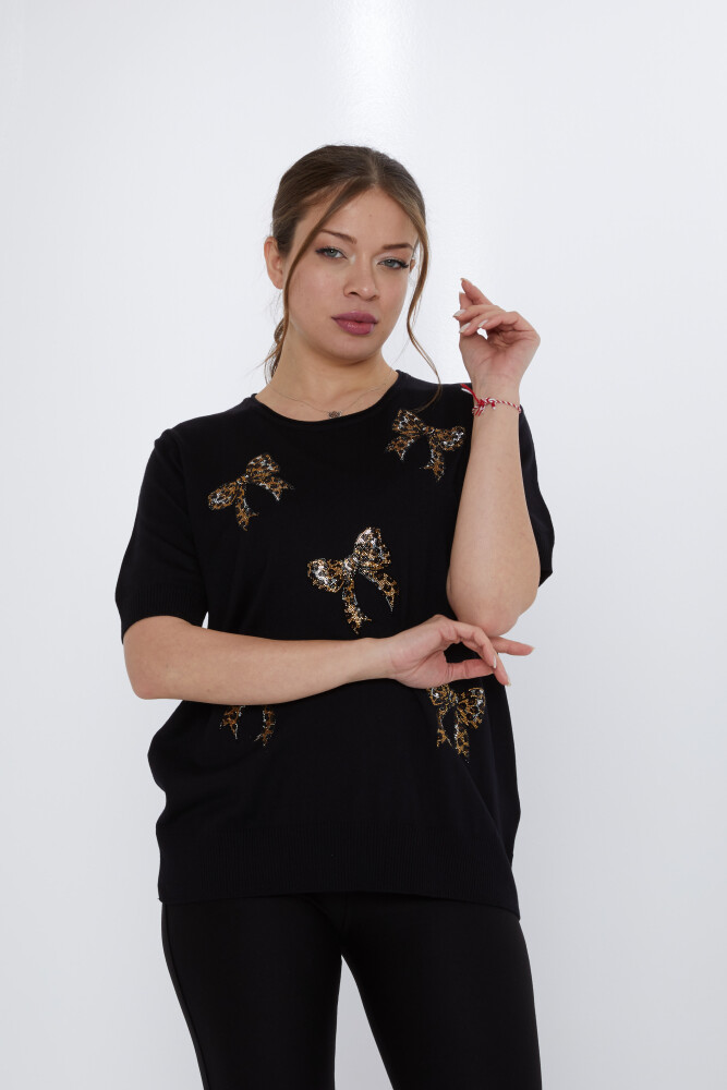 سترة محبوكة مزينة بفيونكة حجرية باللون الأسود - 31577 | كازي (مجموعة من 3 مقاسات XL-2XL-3XL) - 1