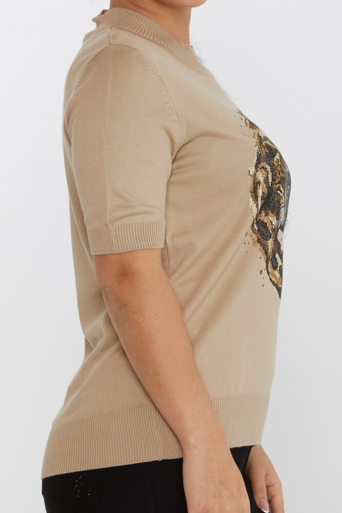 سترة تريكو حجر النمر مطرزة بيج - 30463 | كازي (مجموعة من 4 L-XL-2XL-3XL) - 4