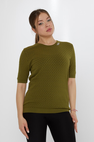 سترة تريكو مع بروش على شكل ورقة شجر أخضر داكن - 31811 | كازي (مجموعة من 3 مقاسات M-L-XL) - 2