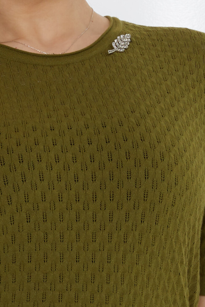 سترة تريكو مع بروش على شكل ورقة شجر أخضر داكن - 31811 | كازي (مجموعة من 3 مقاسات M-L-XL) - 5