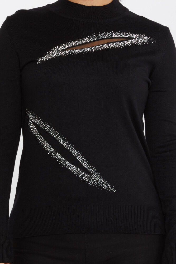 سترة تريكو مطرزة بالحجر أسود-إكرو - 30090 | كازي (مجموعة من 4 M-L-XL-2XL) - 3