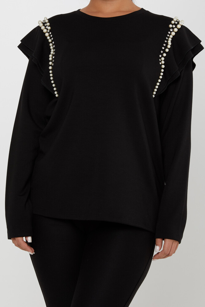 Sweatshirt mit Perlenstein-Stickerei und Rüschenärmeln Schwarz – 17793 | KAZEE (3er-Set M-L-XL) - 2