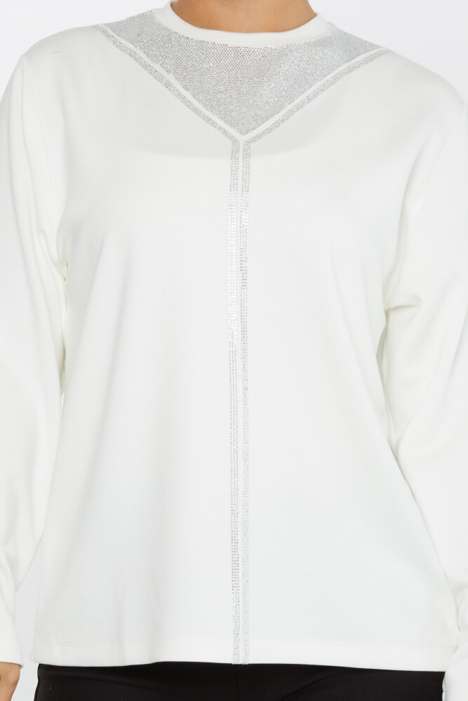 Sweatshirt mit Kragen, Steinstickerei, lange Ärmel, Ecru – 2231 | KAZEE (3er-Set L-XL-2XL) - 3