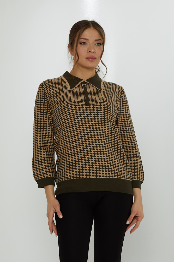 Sweter z dzianiny z kołnierzem typu fartuch w pepitkę, w kolorze khaki-norki - 31570 | KAZEE (Zestaw 3 sztuk XL-2XL-3XL) - 2