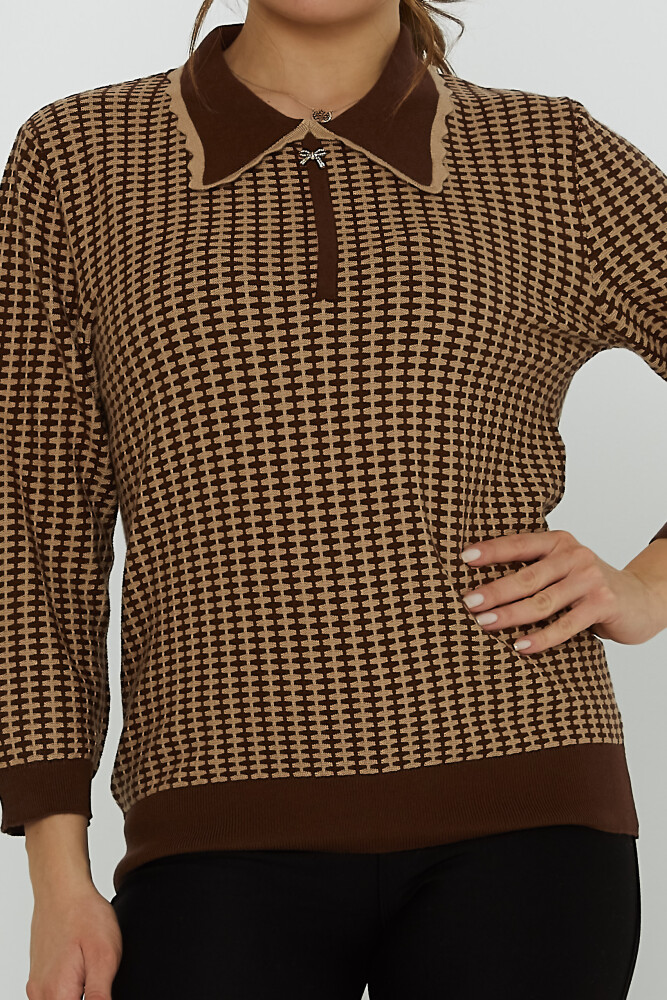 Sweter z dzianiny z kołnierzem w pepitkę, w kolorze kawy i norki - 31570 | KAZEE (Zestaw 3 sztuk XL-2XL-3XL) - 3