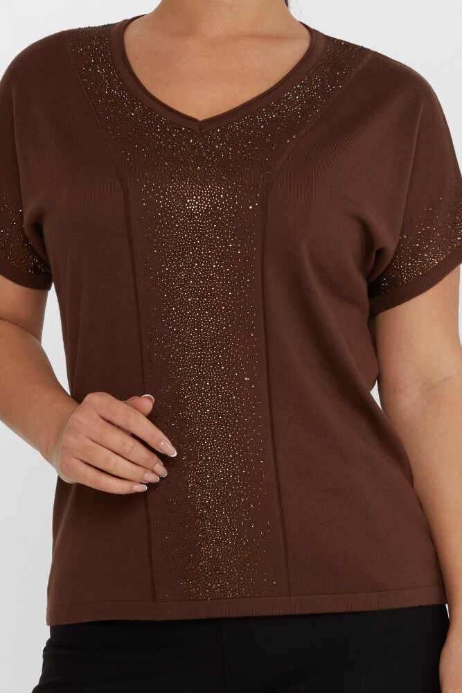 Sweter dzianinowy z haftem Stone, krótki rękaw, kolor kawowy - 30761 | KAZEE (zestaw 4 sztuk L-XL-2XL-3XL) - 3